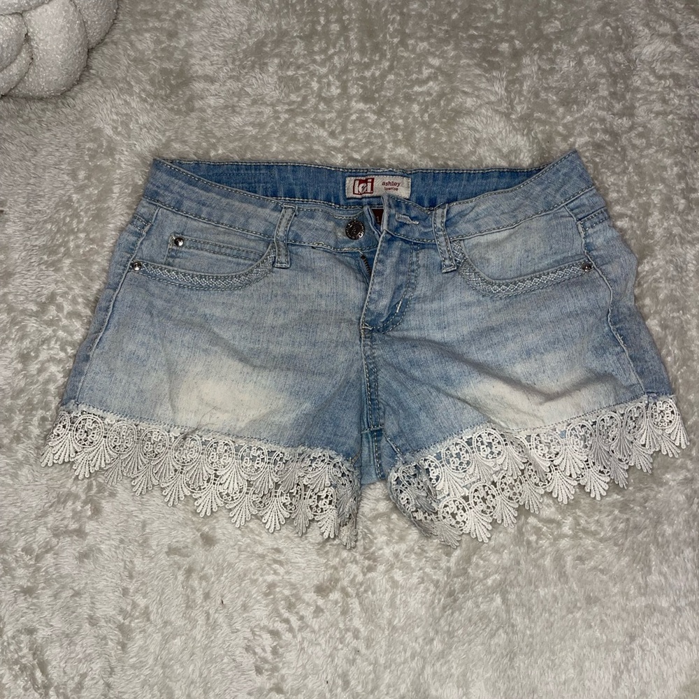 Lace trim Light Denim Wash Shorts